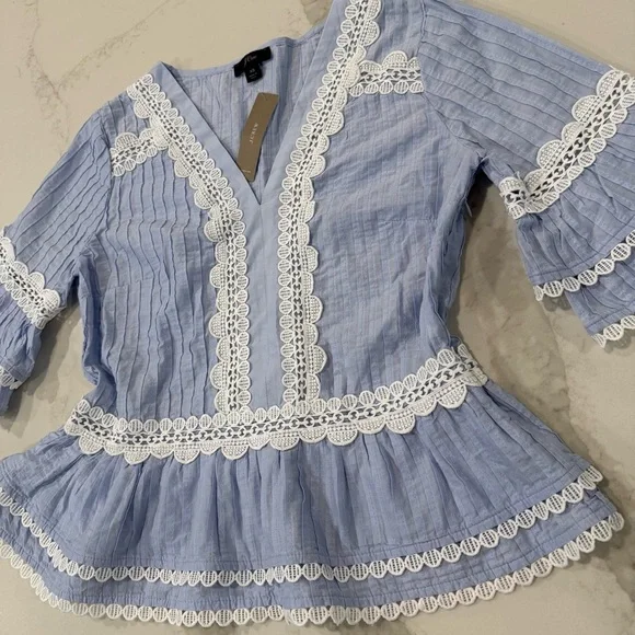 J. Crew NWT Pleated V-Neck Ruffle Sleeve Peplum Blouse Lace Trim Women’s XS Blue - Picture 5 of 10